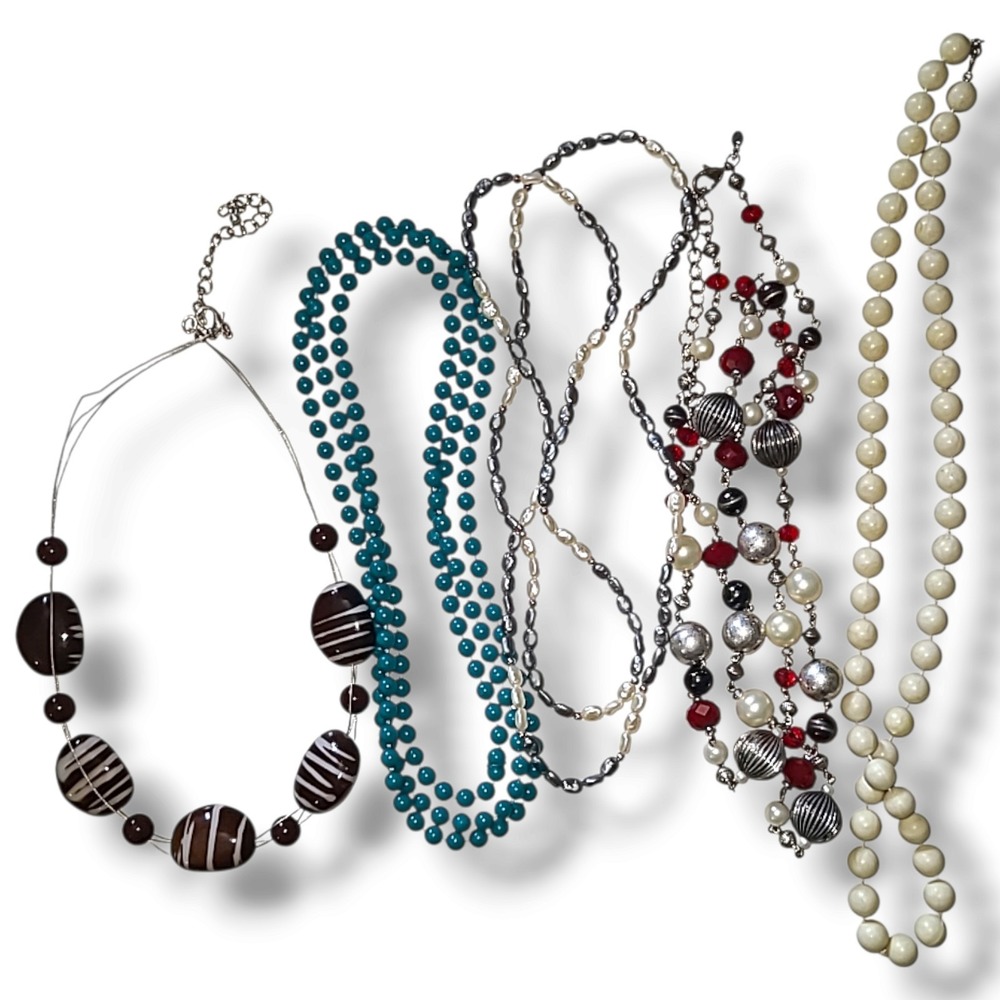 Lot 5 Vintage Acrylic Bead Necklaces Faux Pearl Red Blue Costume Jewelry 3